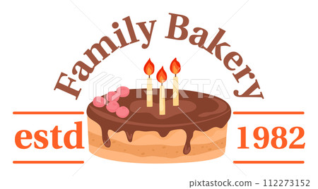 Chocolate birthday cake candles, Family Bakery logo since 1982. Vintage styled bakery emblem dessert. Home baking vector illustration 112273152