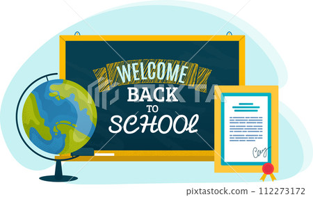 Welcome back school text blackboard globe diploma. Educational theme chalkboard geography tool vector illustration Welcome back school text blackboard globe diploma. Educational theme chalkboard geography tool vector illustration 112273172