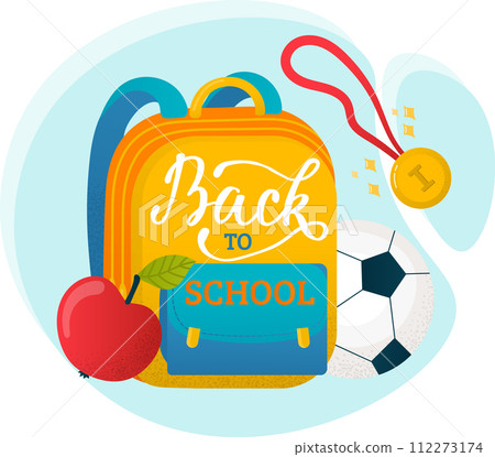 Bright school backpack text Back School, apple, soccer ball, whistle. Education theme, supplies vector illustration Bright school backpack text Back School, apple, soccer ball, whistle. Education theme, supplies vector illustration 112273174