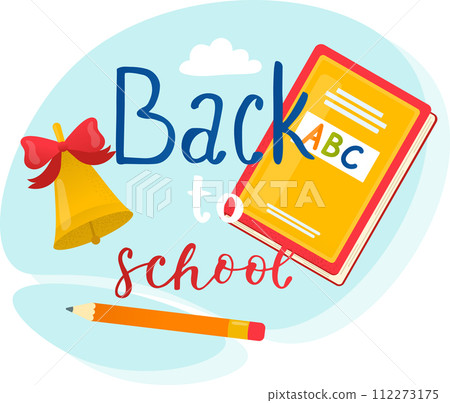 Back school concept book, pencil, bell. Educational vector drawing academic year start. School supplies welcoming students vector illustration Back school concept book, pencil, bell. Educational vector drawing academic year start. School supplies welcoming students vector illustration 112273175
