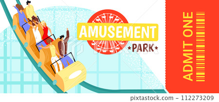 Diverse group riding roller coaster, excited expressions, amusement park scene. Thrill ride fun, friends adrenaline rush. Vibrant amusement park atmosphere, excitement vector 112273209