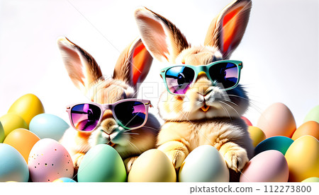 快樂的兔子與五顏六色的雞蛋和太陽眼鏡。復活節彩蛋概念AI生成 112273800