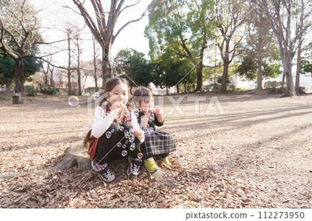 Girls playing with soap bubbles Girls playing with soap bubbles 112273950