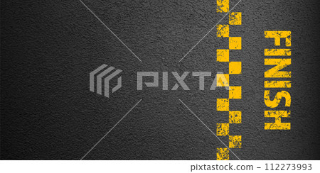 Asphalt road with yellow finish line marking, concrete highway surface, texture. Street traffic lane, road dividing strip. Pattern with grainy structure, grunge stone background. Vector illustration 112273993