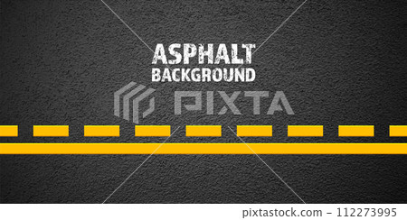 Asphalt road with yellow lane marking, concrete highway surface, texture. Street traffic line, road dividing strip. Pattern with grainy structure, grunge stone background. Vector illustration 112273995
