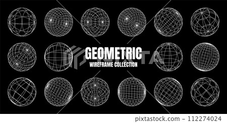 Wireframe shapes, lined sphere. Perspective mesh, 3d grid. Low poly geometric elements. Retro futuristic design elements, y2k, vaporwave and synthwave style. Vector illustration Wireframe shapes, lined sphere. Perspective mesh, 3d grid. Low poly geometric elements. Retro futuristic design elements, y2k, vaporwave and synthwave style. Vector illustration 112274024