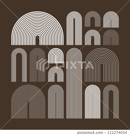 Mid century arch elements, modern geometric shapes. Contemporary design, minimalist art. Trendy design elements for wall decor, posters, books, covers and flyers. Vector illustration 112274034