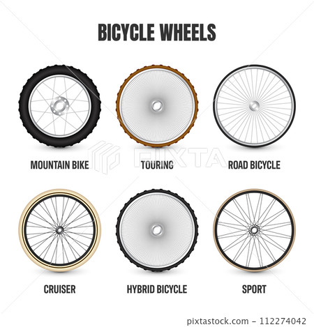 Realistic 3d bicycle wheels. Bike rubber tyres, shiny metal spokes and rims. Fitness cycle, touring, sport, road and mountain bike. Vector illustration 112274042