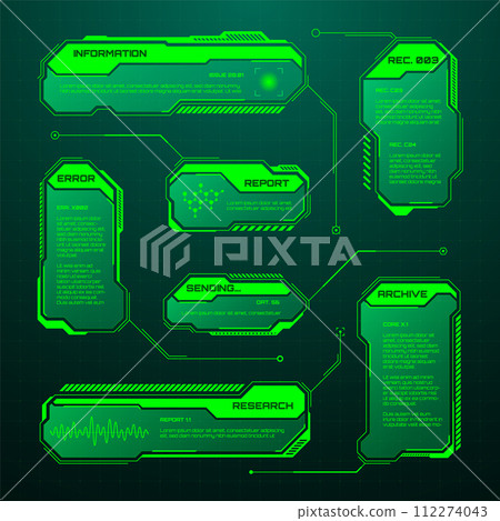 Green futuristic HUD, UI elements. Sci-fi user interface text boxes, callouts. Warning message frames, information boxes template. Modern game interface layout in digital style. Vector illustration 112274043