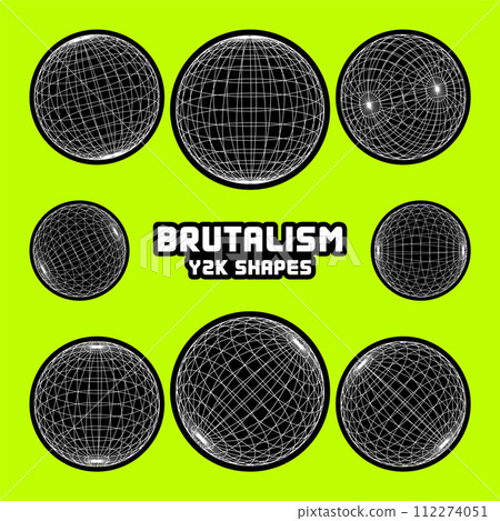 Wireframe shapes, lined sphere. Perspective mesh, 3d grid. Modern trendy low poly geometric elements. Retro futuristic design elements, y2k, vaporwave and synthwave style. Vector illustration 112274051