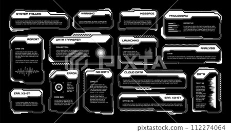 White futuristic HUD, UI elements. Sci-fi user interface text boxes, callouts. Warning message frames, information boxes template. Modern game interface layout in digital style. Vector illustration White futuristic HUD, UI elements. Sci-fi user interface text boxes, callouts. Warning message frames, information boxes template. Modern game interface layout in digital style. Vector illustration 112274064