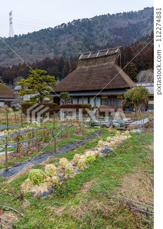 Traditional thatched roof houses of Miyama village in Kyoto Prefecture in Japan, made using kayabuki grass roofing technique Traditional thatched roof houses of Miyama village in Kyoto Prefecture in Japan, made using kayabuki grass roofing technique 112274881