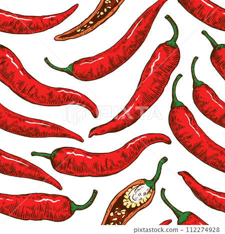 Seamless pattern with hand drawn chili peppers. Vector illustration in engraving style. Seamless pattern with hand drawn chili peppers. Vector illustration in engraving style. 112274928