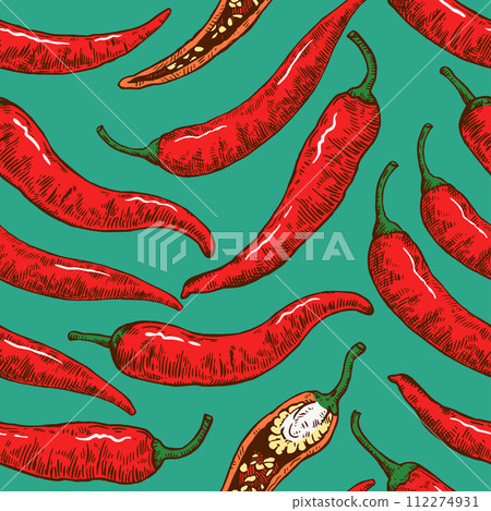 Seamless pattern with hand drawn chili peppers. Vector illustration in engraving style. 112274931