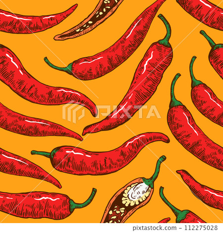 Seamless pattern with hand drawn chili peppers. Vector illustration in engraving style. Seamless pattern with hand drawn chili peppers. Vector illustration in engraving style. 112275028