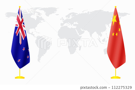 China and New Zealand flags for official meeting China and New Zealand flags for official meeting 112275329