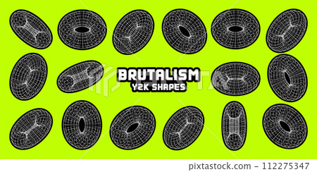 Wireframe shapes, lined torus. Perspective mesh, 3d grid. Modern trendy low poly geometric elements. Retro futuristic design elements, y2k, vaporwave and synthwave style. Vector illustration 112275347
