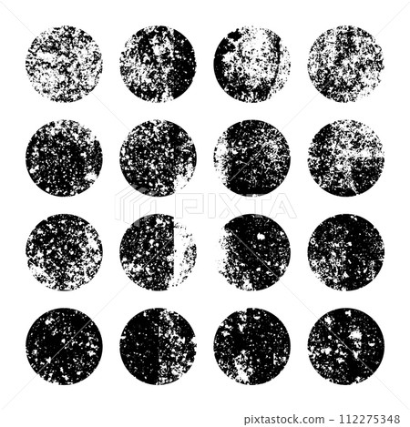 Grunge circles with stains and scratches. Circle brush stroke, round shape design element. Distressed dirty text frame, border, sticker or label. Paintbrush, ink stains. Vector illustration Grunge circles with stains and scratches. Circle brush stroke, round shape design element. Distressed dirty text frame, border, sticker or label. Paintbrush, ink stains. Vector illustration 112275348