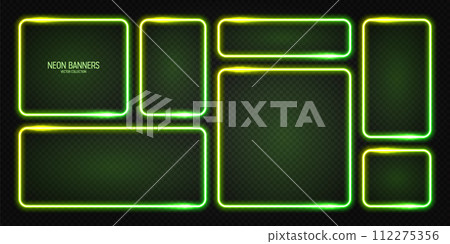 Glowing neon banners, illuminated colorful square frames. Shiny vibrant border, glow effect. Green vintage retro lights, night illumination. Modern futuristic UI design elements. Vector illustration Glowing neon banners, illuminated colorful square frames. Shiny vibrant border, glow effect. Green vintage retro lights, night illumination. Modern futuristic UI design elements. Vector illustration 112275356