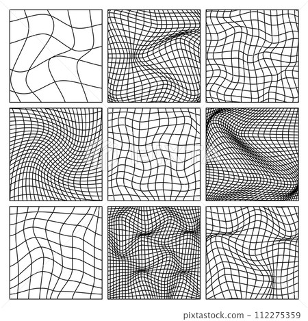 Wireframe shapes, lined perspective mesh, 3d grid. Low poly geometric elements. Retro futuristic design elements, y2k, vaporwave and synthwave style. Vector illustration Wireframe shapes, lined perspective mesh, 3d grid. Low poly geometric elements. Retro futuristic design elements, y2k, vaporwave and synthwave style. Vector illustration 112275359