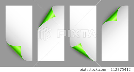 Set of green paper curls. Curled page corner with shadow. Blank sheet of paper. Colorful shiny foil. Design element for advertising and promotion. Vector illustration. Set of green paper curls. Curled page corner with shadow. Blank sheet of paper. Colorful shiny foil. Design element for advertising and promotion. Vector illustration. 112275412