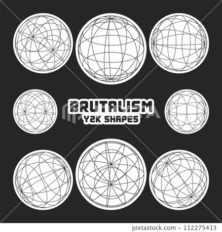 Wireframe shapes, lined sphere. Perspective mesh, 3d grid. Modern trendy low poly geometric elements. Retro futuristic design elements, y2k, vaporwave and synthwave style. Vector illustration Wireframe shapes, lined sphere. Perspective mesh, 3d grid. Modern trendy low poly geometric elements. Retro futuristic design elements, y2k, vaporwave and synthwave style. Vector illustration 112275413