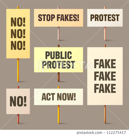 Colorful protest signs with slogan on wooden holder. Realistic vector demonstration banner. Strike action cardboard placard mockup Colorful protest signs with slogan on wooden holder. Realistic vector demonstration banner. Strike action cardboard placard mockup 112275417