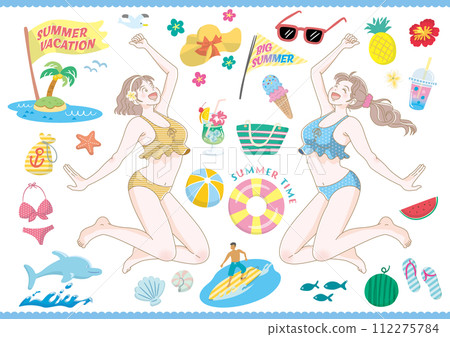 Illustration of a woman enjoying a summer resort 112275784