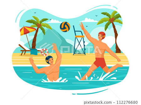 Water Polo Sport Vector Illustration with Player Playing to Throw the Ball on the Opponent's Goal in the Swimming Pool in Flat Cartoon Background Water Polo Sport Vector Illustration with Player Playing to Throw the Ball on the Opponent's Goal in the Swimming Pool in Flat Cartoon Background 112276680