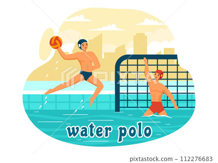 Water Polo Sport Vector Illustration with Player Playing to Throw the Ball on the Opponent's Goal in the Swimming Pool in Flat Cartoon Background Water Polo Sport Vector Illustration with Player Playing to Throw the Ball on the Opponent's Goal in the Swimming Pool in Flat Cartoon Background 112276683