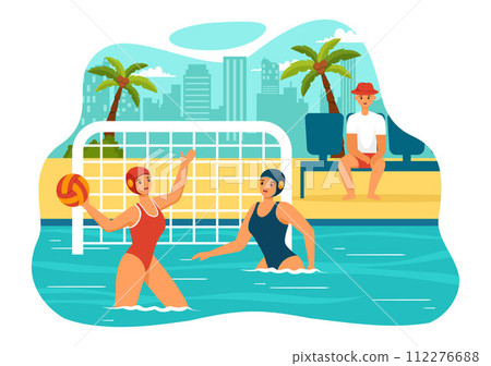 Water Polo Sport Vector Illustration with Player Playing to Throw the Ball on the Opponent's Goal in the Swimming Pool in Flat Cartoon Background 112276688