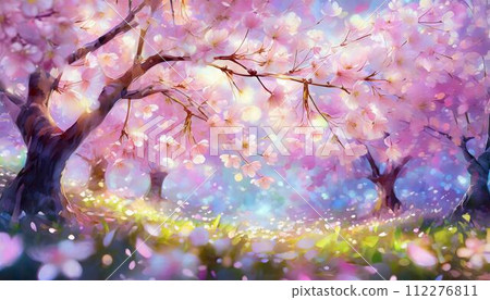 Spring background with dancing cherry blossom petals 112276811