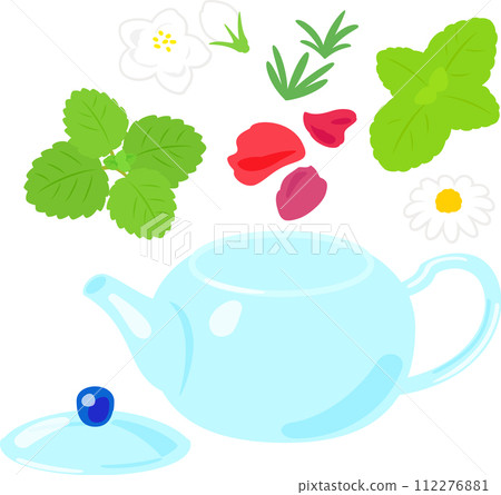 Various herbs, teapot, herbal tea 112276881