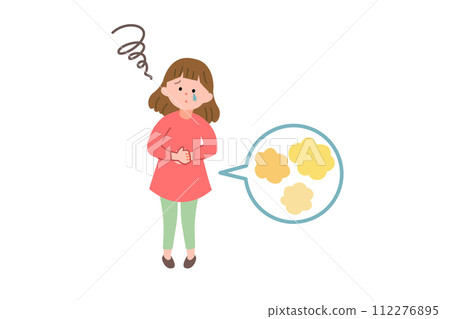 Girl with stomach pain (fart gas accumulation) 112276895