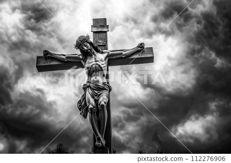 Dramatic Jesus Christ Crucifixion Statue in Black and White 112276906