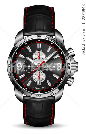 Realistic clock watch chronograph silver brown face red arrow black number on white background design for men luxury vector 112276948