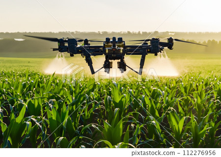 The agricultural drone is flying and spraying fertilizer in a green cornfield. The agricultural drone is flying and spraying fertilizer in a green cornfield. 112276956
