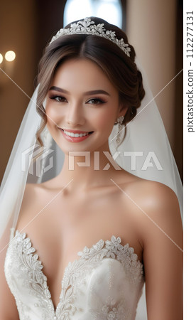 A beautiful bride model woman with a beautiful happy smile wearing an elegant wedding dress and with beautiful hairstyle and makeup. 112277131