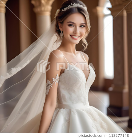 A beautiful bride model woman with a beautiful happy smile wearing an elegant wedding dress and with beautiful hairstyle and makeup. 112277148
