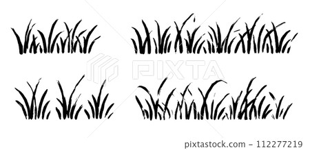 Grass doodle ink brush sketch set. Hand drawn vector grass field grunge texture brush background. Doodle herb, organic pattern elements. Vector 112277219