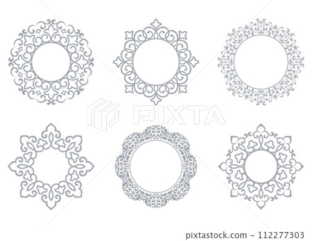 Set of decorative frames Elegant vector element for design in Eastern style, place for text. Floral gray and white borders. Lace illustration for invitations and greeting cards 112277303