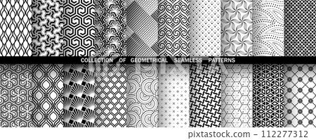 Geometric set of seamless black and white patterns. Simple vector graphics Geometric set of seamless black and white patterns. Simple vector graphics 112277312