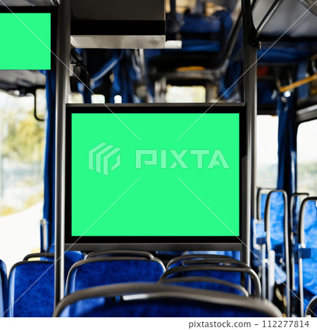 information board in the bus cabin. selective focus. advertising in public transport. screen on the bus, a place for advertising. 112277814