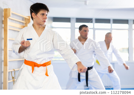 Fighting stance of men of different ages during group karate training. Guy trains punches Fighting stance of men of different ages during group karate training. Guy trains punches 112278094