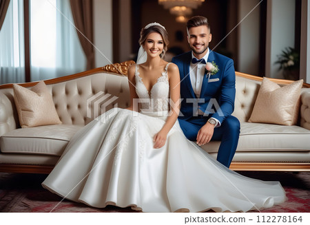 Happy smiling beautiful bride and handsome groom in wedding dresses sitting on sofa 112278164