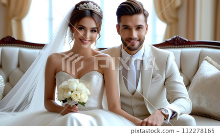 幸福微笑的美麗新娘和英俊的新郎穿著婚紗坐在沙發上 112278165