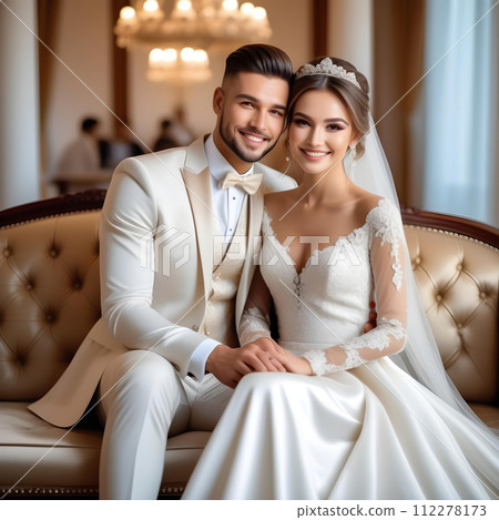 幸福微笑的美麗新娘和英俊的新郎穿著婚紗坐在沙發上 112278173