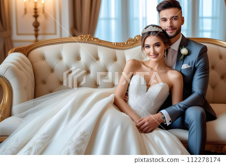 幸福微笑的美麗新娘和英俊的新郎穿著婚紗坐在沙發上 112278174