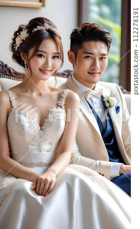 幸福微笑的美麗新娘和英俊的新郎穿著婚紗坐在沙發上 112278191