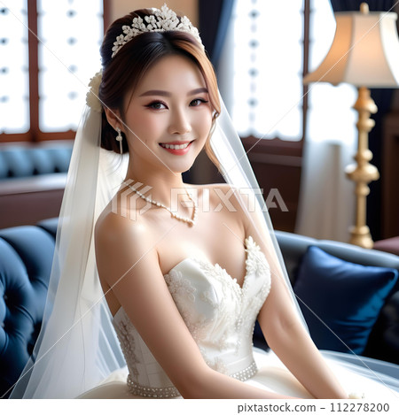 穿著婚紗的幸福微笑美麗新娘坐在沙發上 112278200